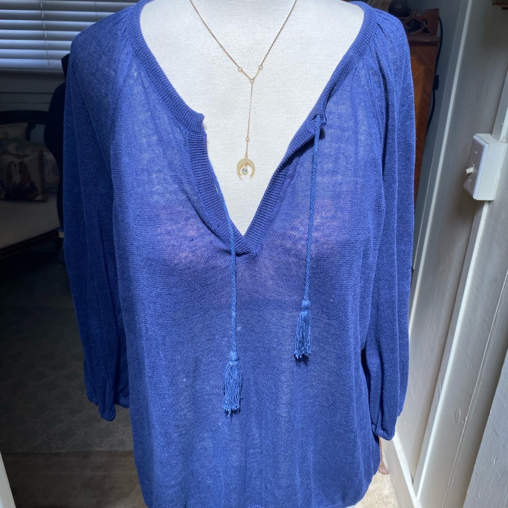 Blue Knit Top with Tassels